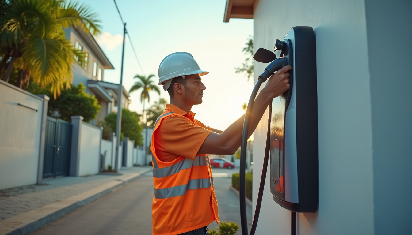 Technicien en train d'installer une borne de recharge électrique à Petit-Canal