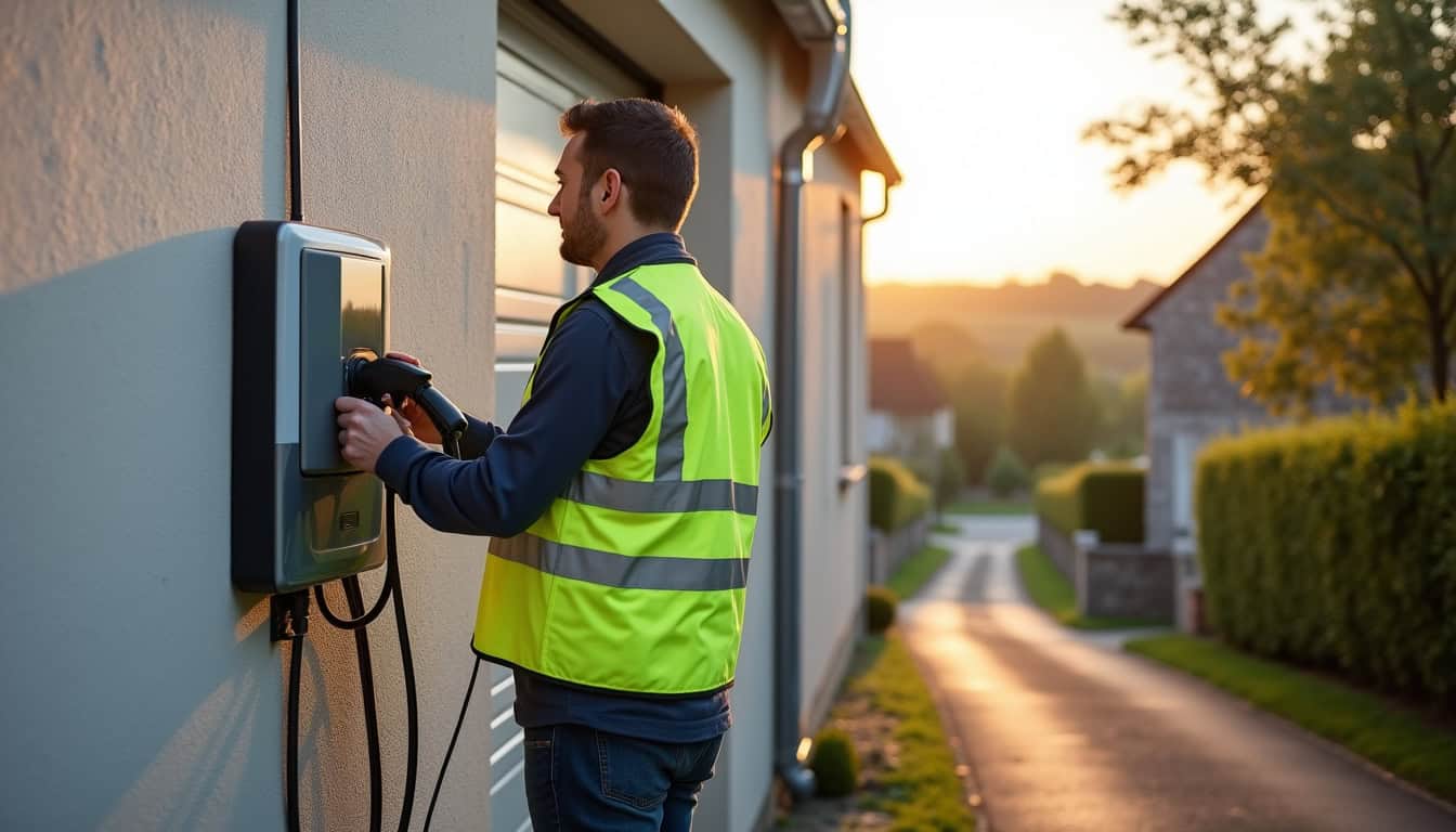 Technicien en train d'installer une borne de recharge électrique à Plonéour-Lanvern