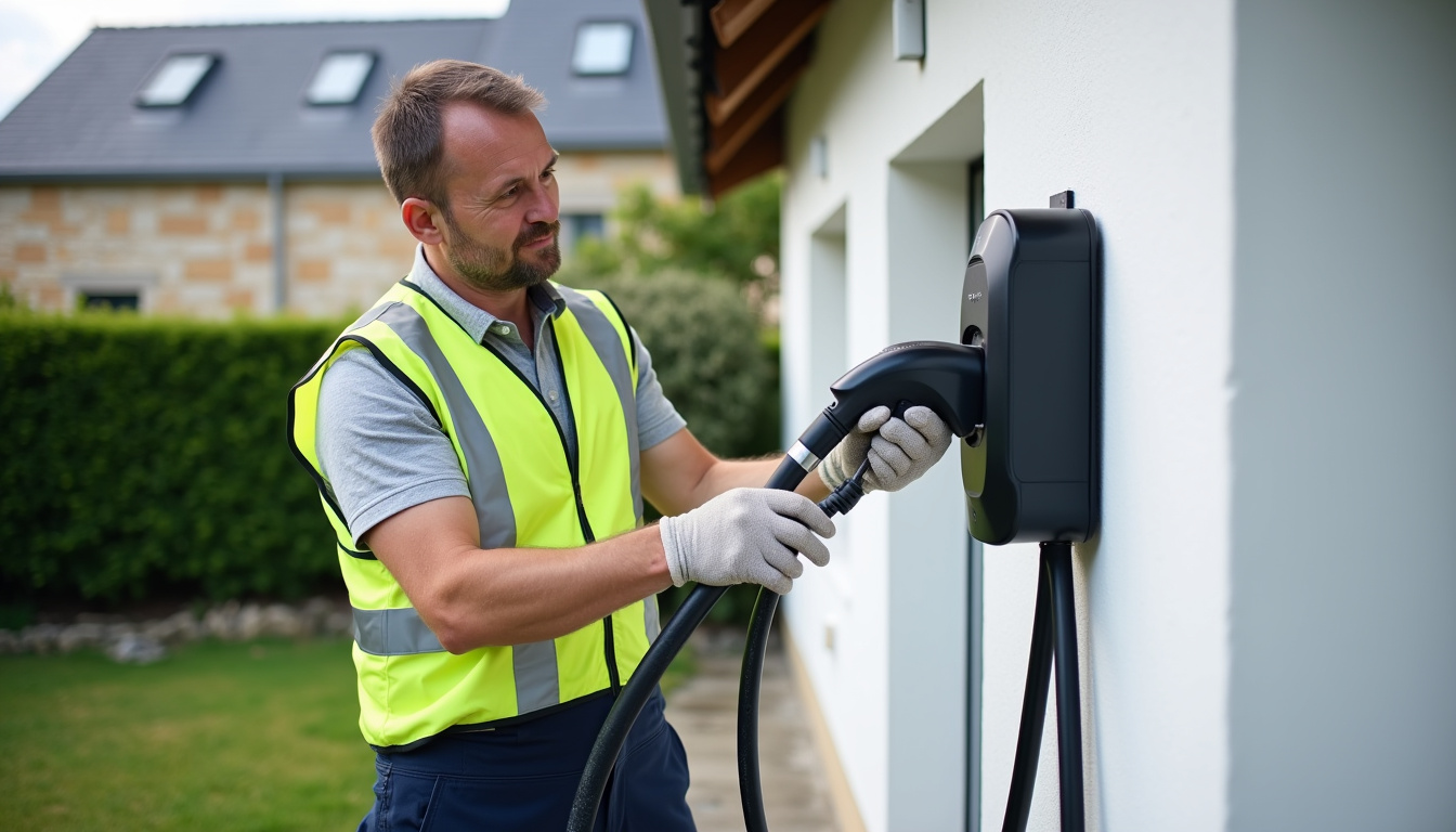 Technicien en train d'installer une borne de recharge électrique à Plourin-lès-Morlaix