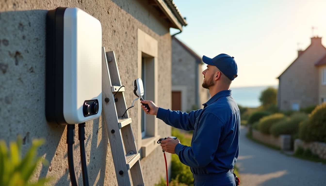 Technicien en train d’installer une borne de recharge électrique à Pont-l'Abbé