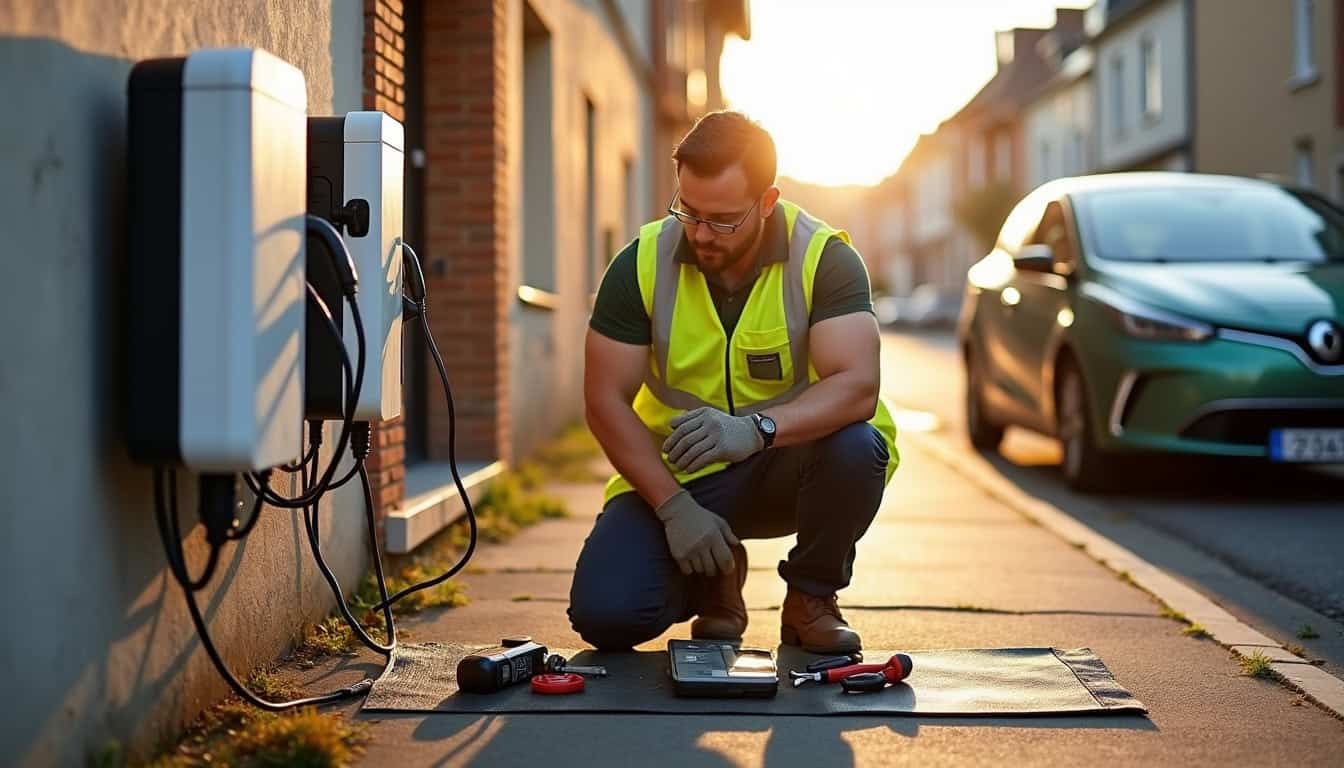 Technicien en train d'installer une borne de recharge électrique à Port-Jérôme-sur-Seine