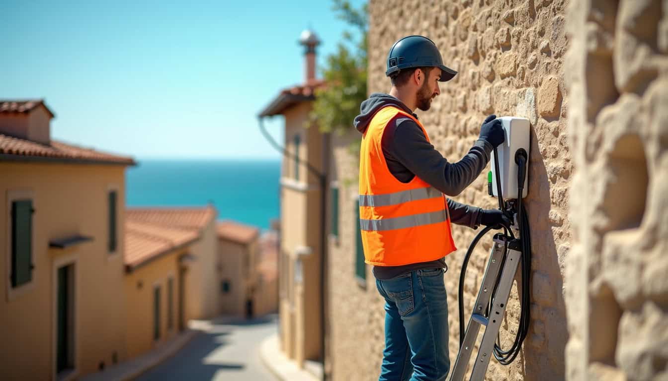 Technicien en train d'installer une borne de recharge électrique à Propriano