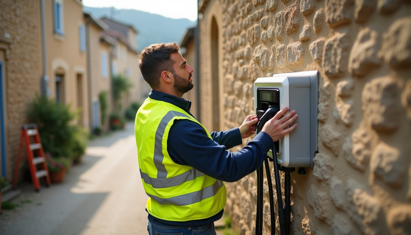 Technicien en train d'installer une borne de recharge électrique à Rouffignac-Saint-Cernin-de-Reilhac