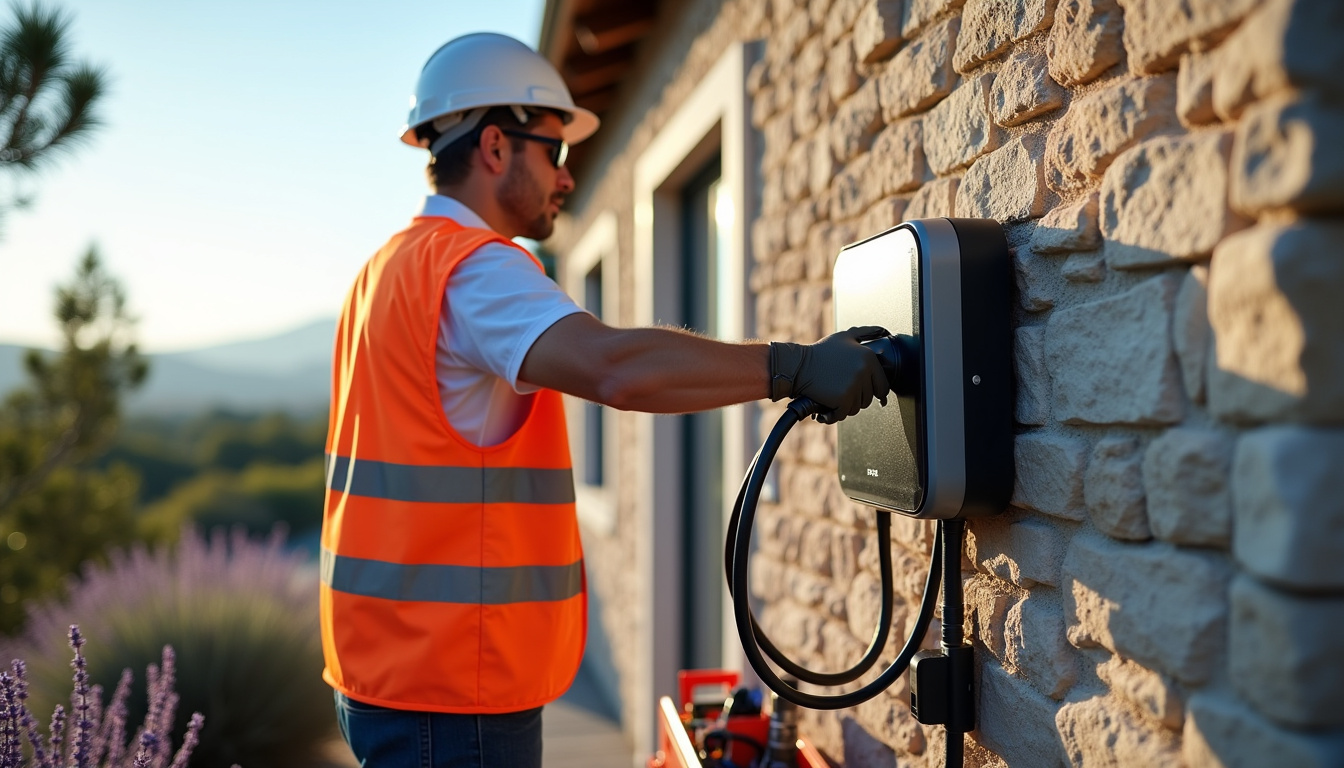 Technicien en train d'installer une borne de recharge électrique à Saint-Cassien