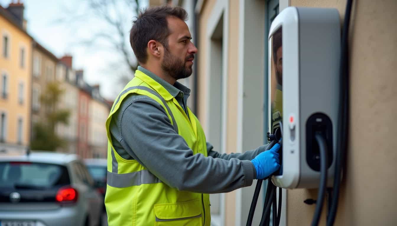Technicien en train d'installer une borne de recharge électrique à Saint-Étienne