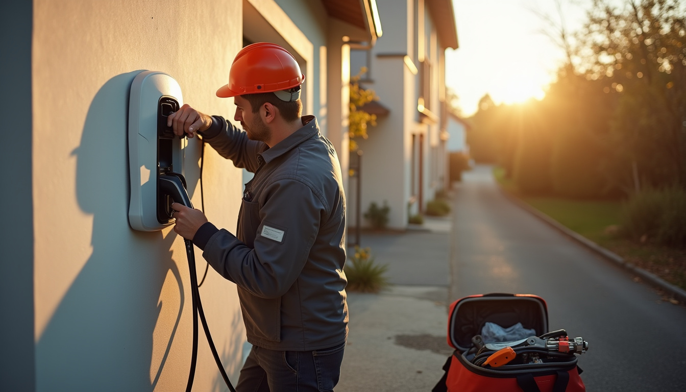 Technicien en train d'installer une borne de recharge électrique à Saint-Paul-de-Jarrat