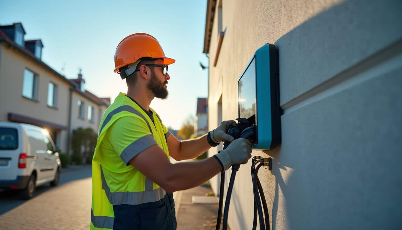 Technicien en train d’installer une borne de recharge électrique à Saint-Priest-en-Jarez