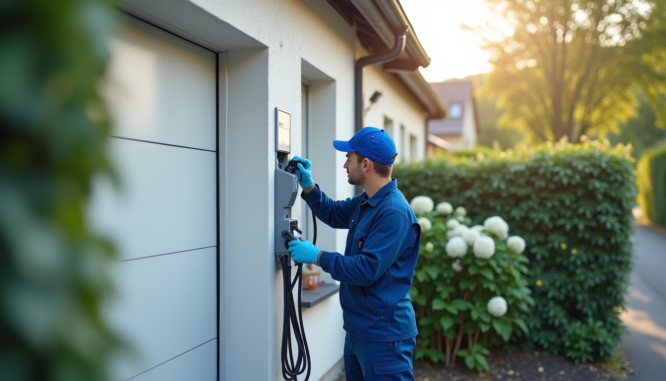 Technicien en train d’installer une borne de recharge électrique à Saint-Quentin-sur-Isère