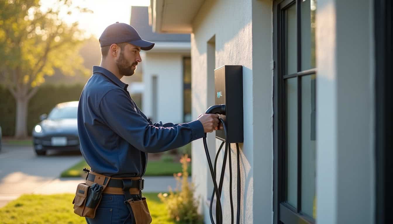 Technicien en train d'installer une borne de recharge électrique à Saint-Sulpice