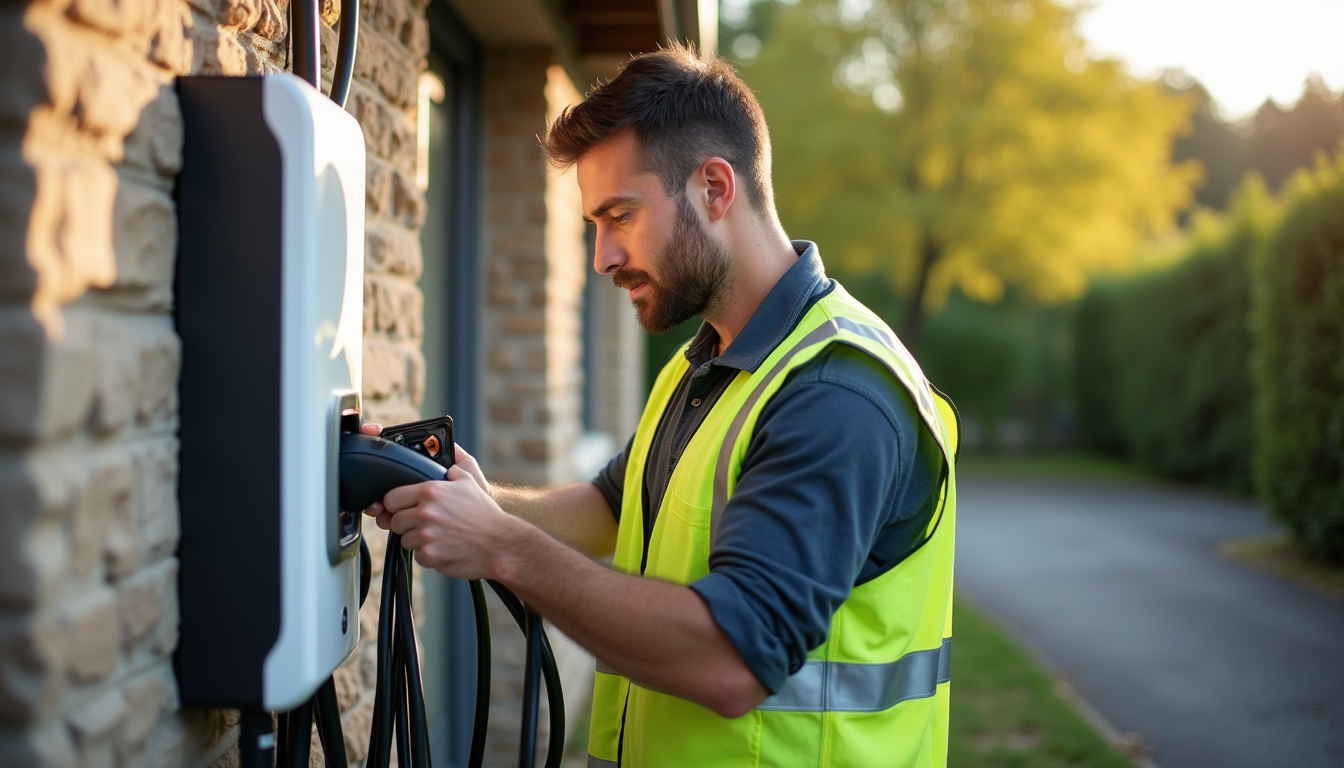 Technicien en train d'installer une borne de recharge électrique à Saint-Vincent-de-Tyrosse