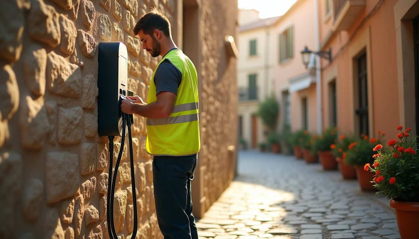 Technicien en train d'installer une borne de recharge électrique à Sartène