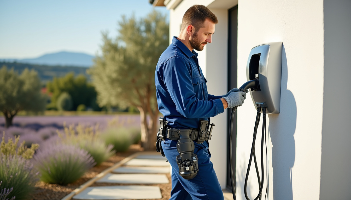 Technicien en train d'installer une borne de recharge électrique à Seillons-Source-d’Argens