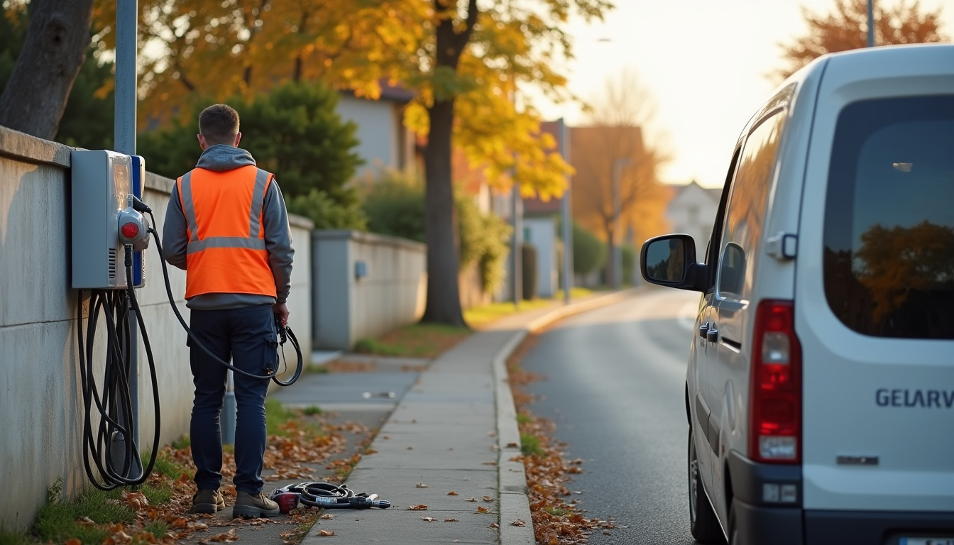 Technicien en train d'installer une borne de recharge électrique à Servon-sur-Vilaine