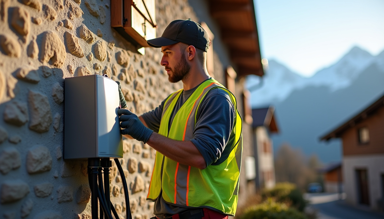 Technicien en train d'installer une borne de recharge électrique à Servoz