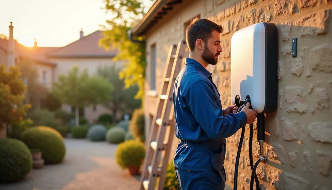 Technicien en train d'installer une borne de recharge électrique à Solliès-Ville
