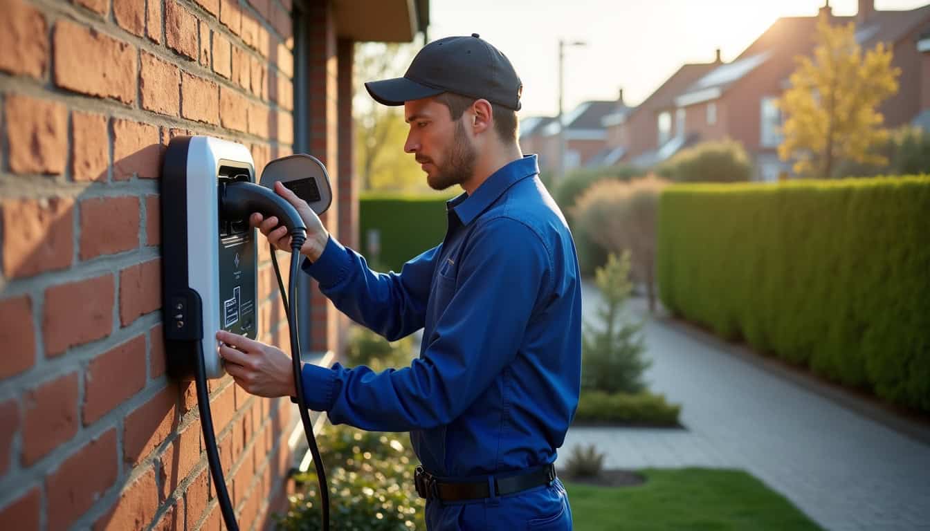 Technicien en train d'installer une borne de recharge électrique à Tenteling