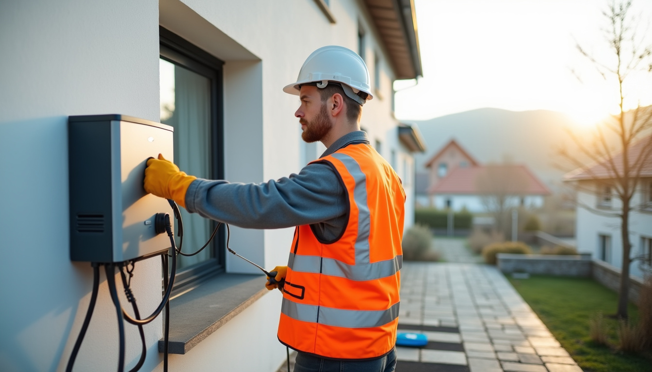 Technicien en train d'installer une borne de recharge électrique à Thann
