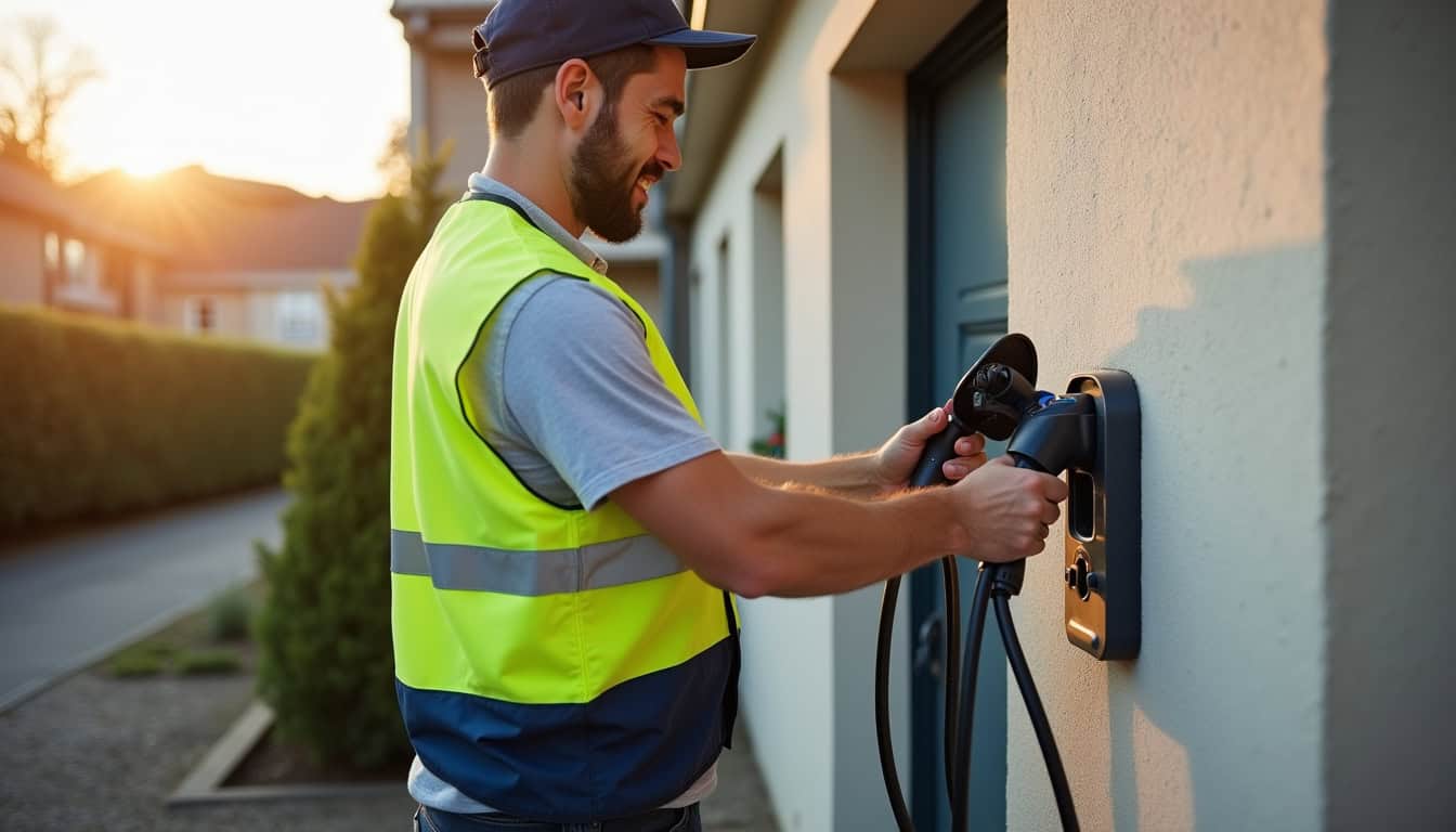 Technicien en train d’installer une borne de recharge électrique à Touquin