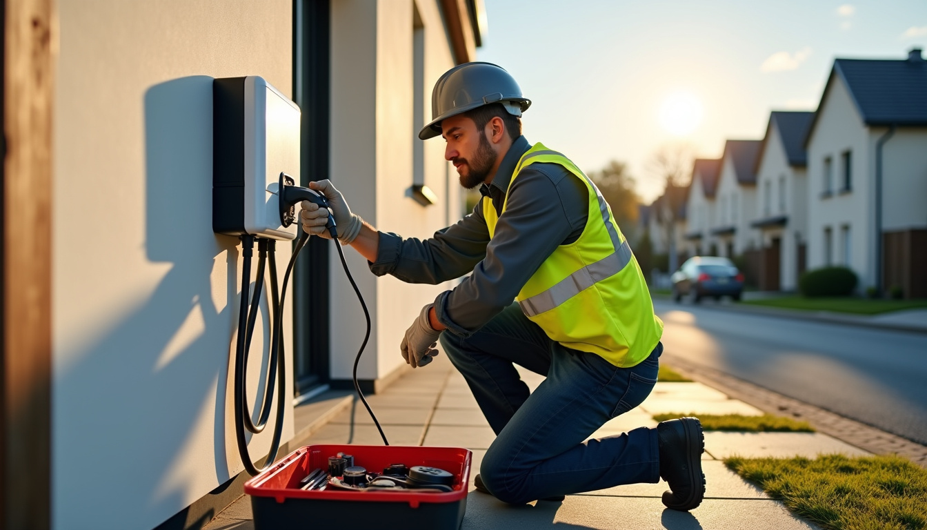 Technicien en train d'installer une borne de recharge électrique à Tournefeuille