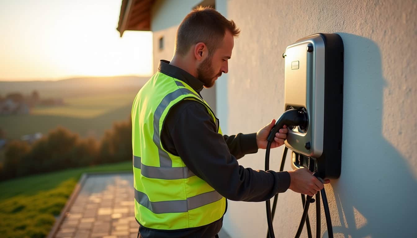 Technicien en train d'installer une borne de recharge électrique à Trémorel