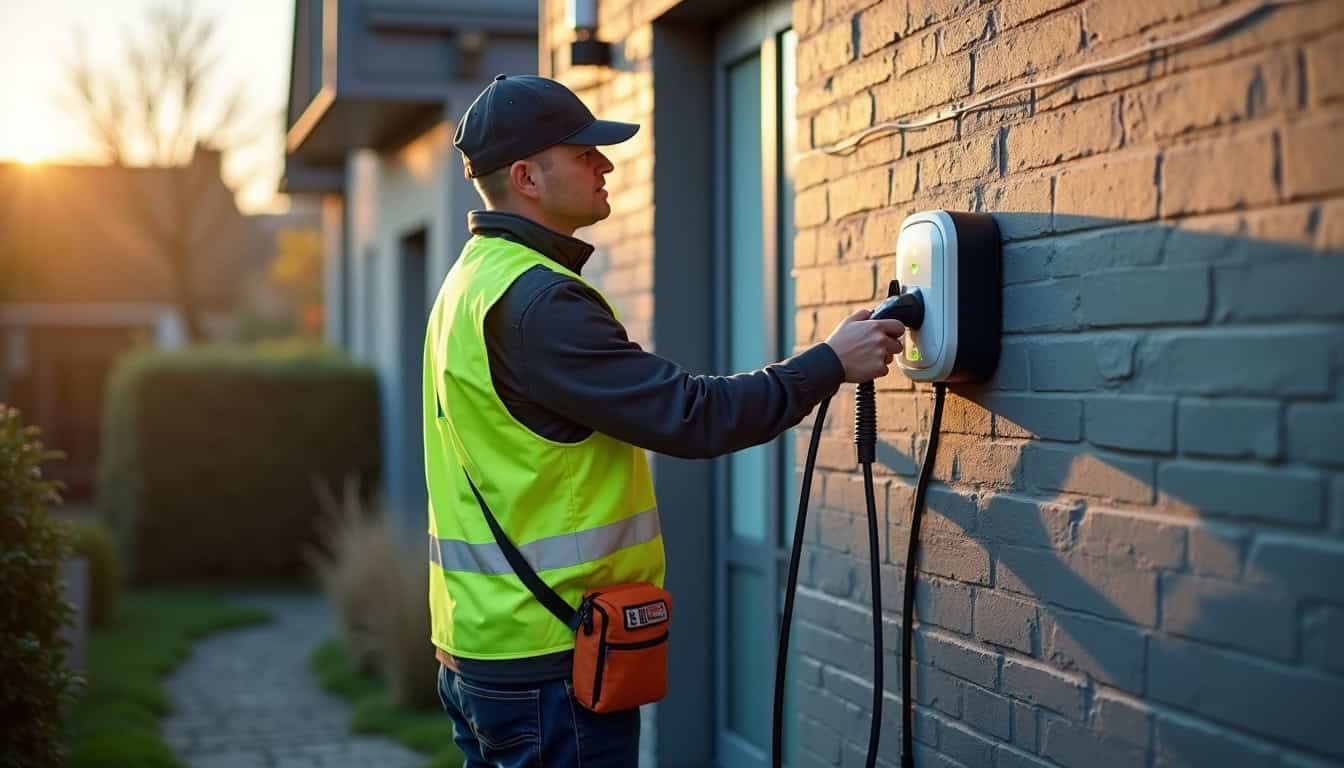 Technicien en train d'installer une borne de recharge électrique à Vauréal