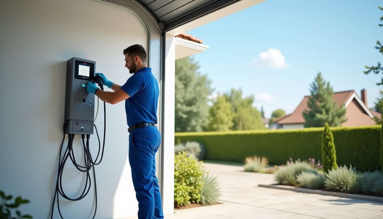 Technicien en train d'installer une borne de recharge électrique à Verdelais