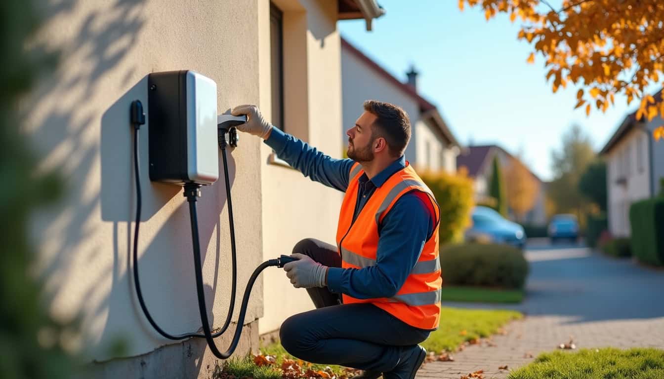 Technicien en train d'installer une borne de recharge électrique à Villebret