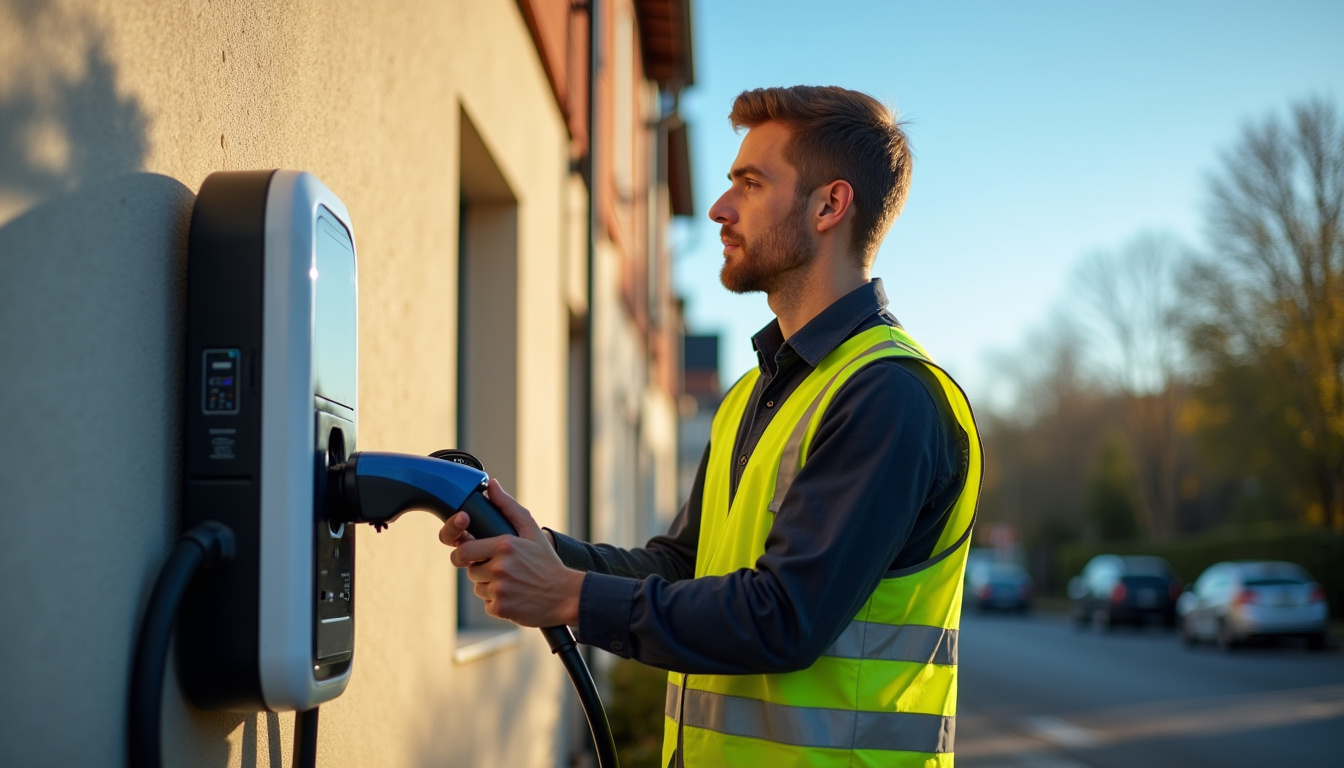 Technicien en train d'installer une borne de recharge électrique à Villemandeur