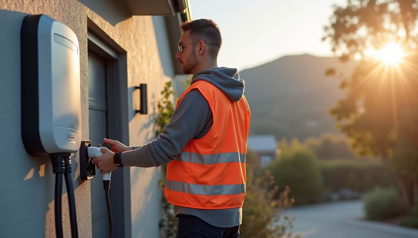 Technicien en train d'installer une borne de recharge électrique à Vorey