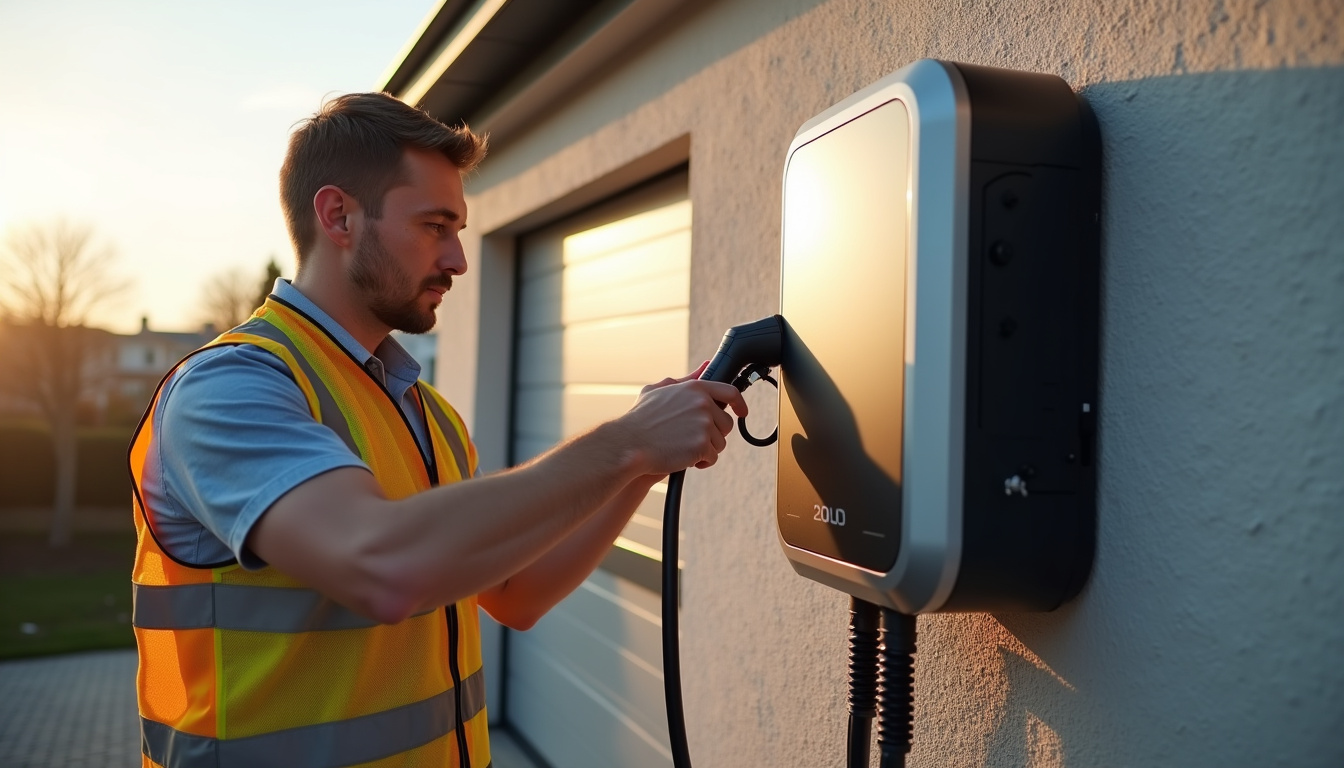 Technicien en train d'installer une borne de recharge électrique à Zutkerque