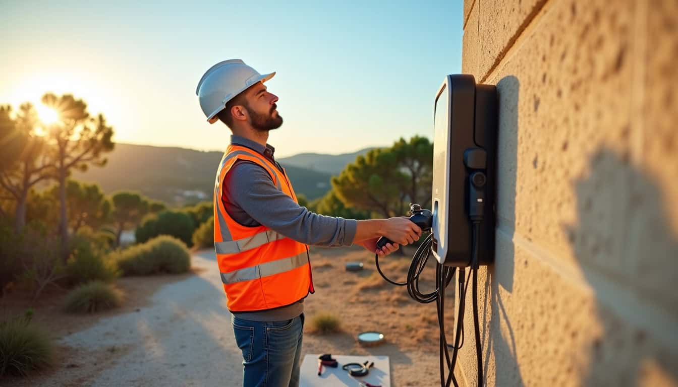 Technicien en train d’installer une borne de recharge électrique au Cannet-des-Maures