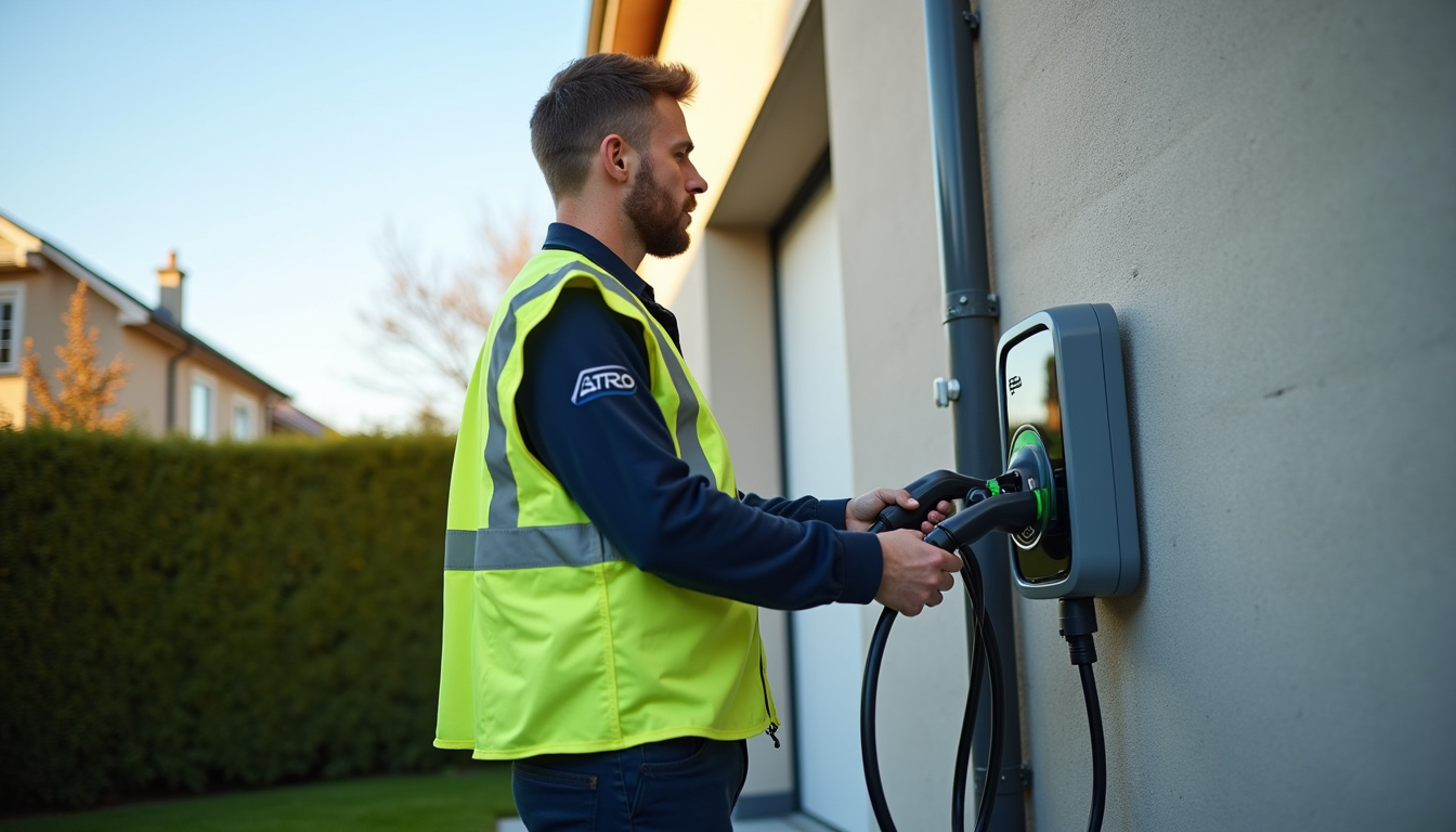 Technicien en train d'installer une borne de recharge électrique aux Ponts-de-Cé