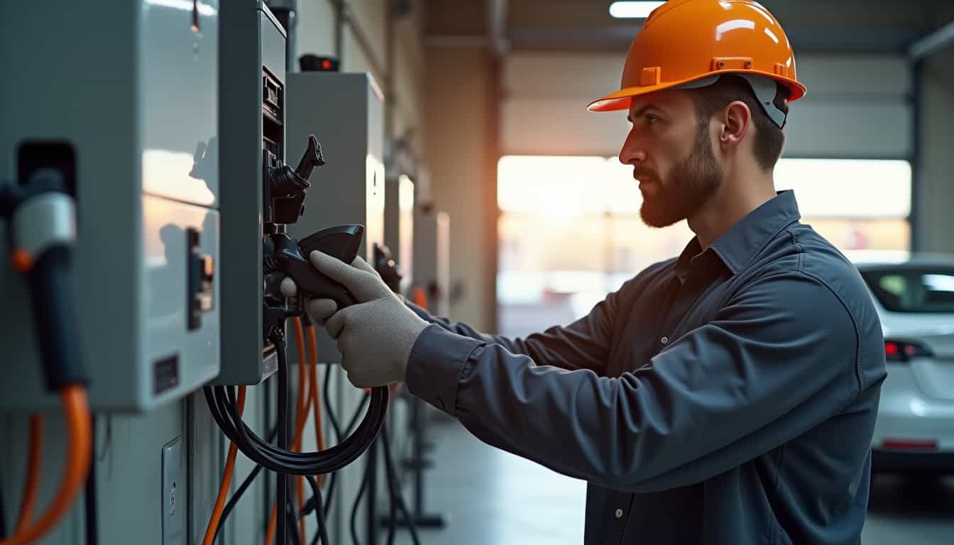 Technicien en train d'installer une borne de recharge électrique, avec câblage du tableau électrique et vérification des connexions