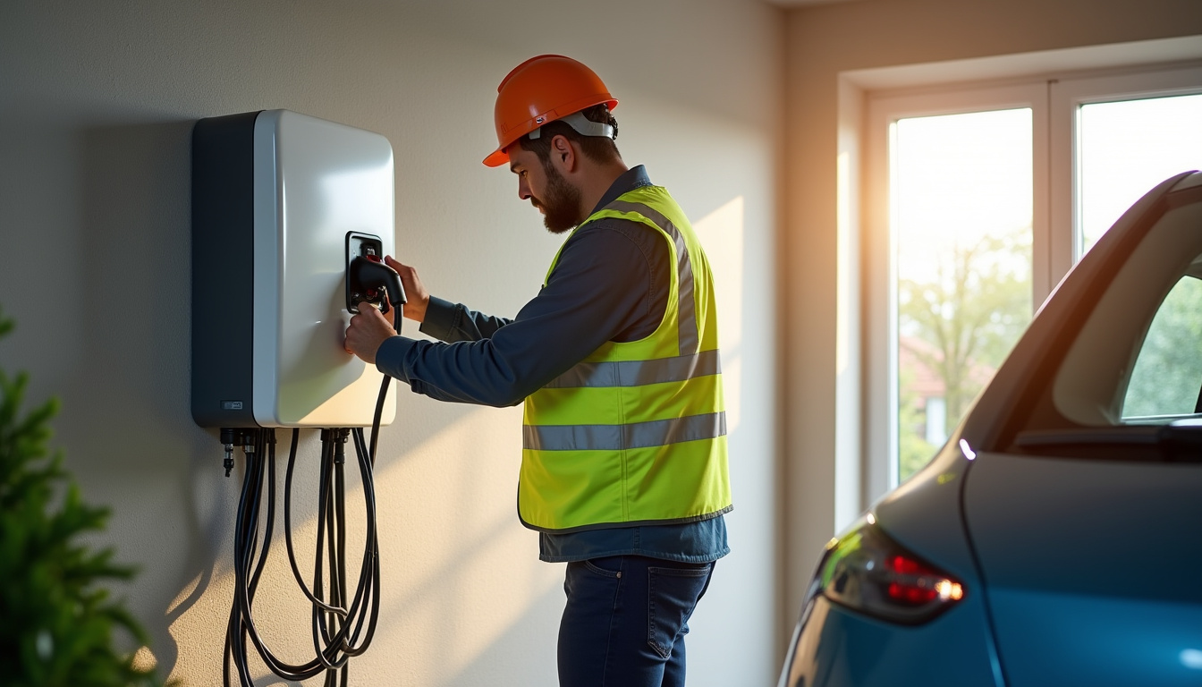 Technicien en train d'installer une borne de recharge électrique chez un particulier à Saint-Avaugourd-des-landes