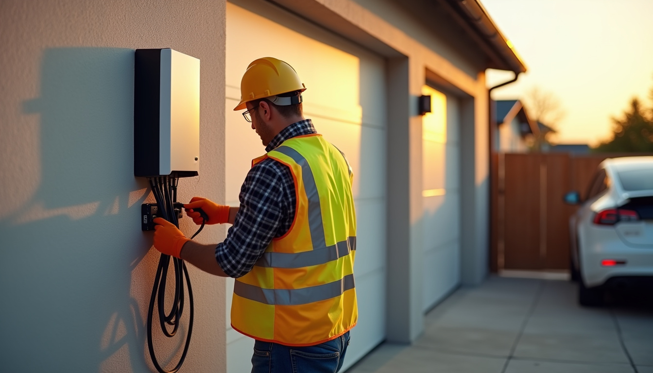 Technicien en train d’installer une borne de recharge électrique chez un particulier