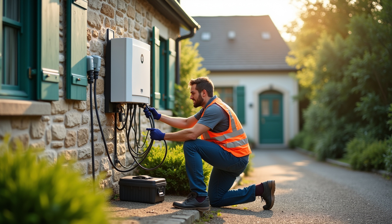 Technicien en train d'installer une borne de recharge électrique chez un particulier