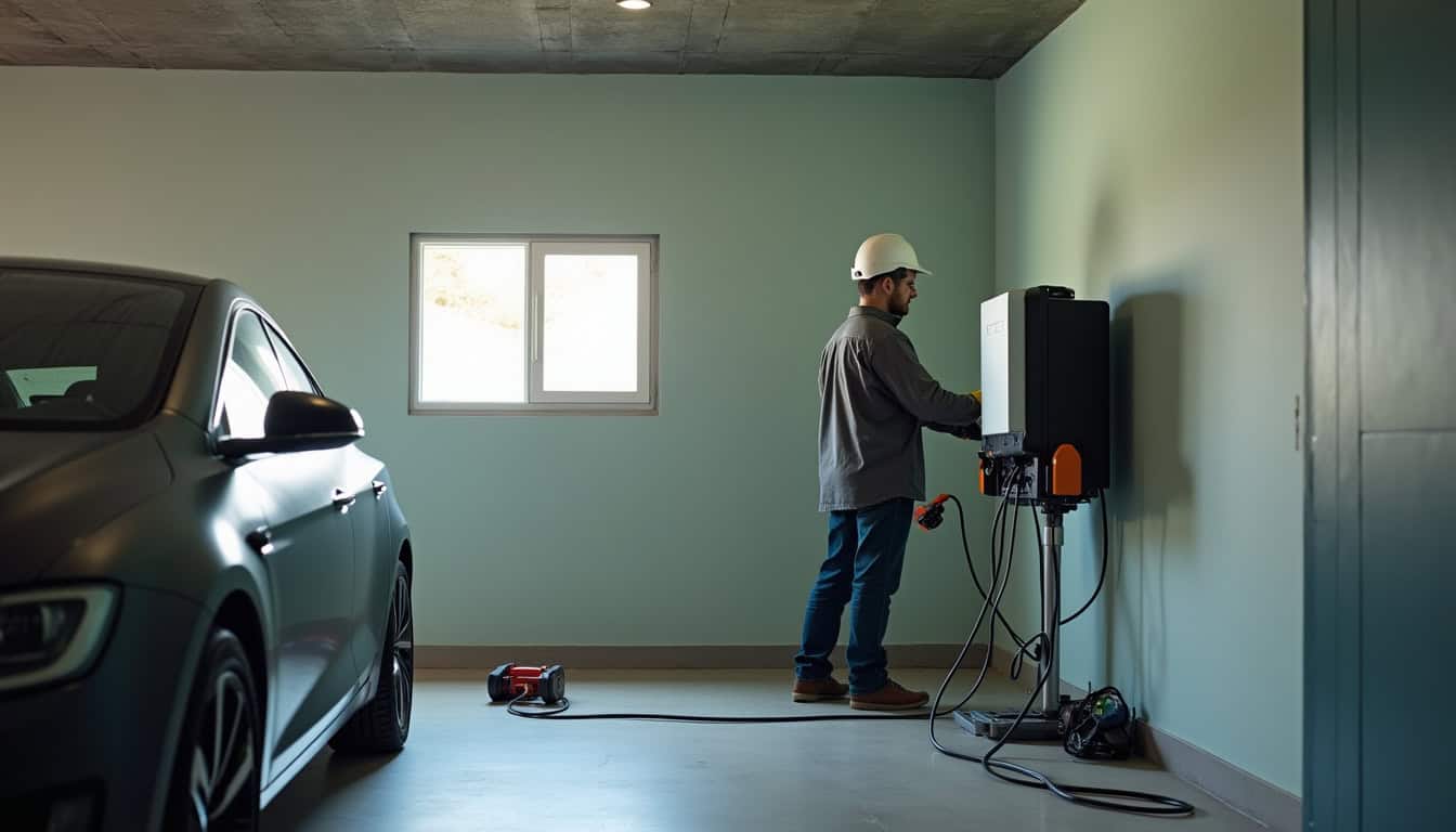 Technicien en train d'installer une borne de recharge électrique dans un garage à Agny