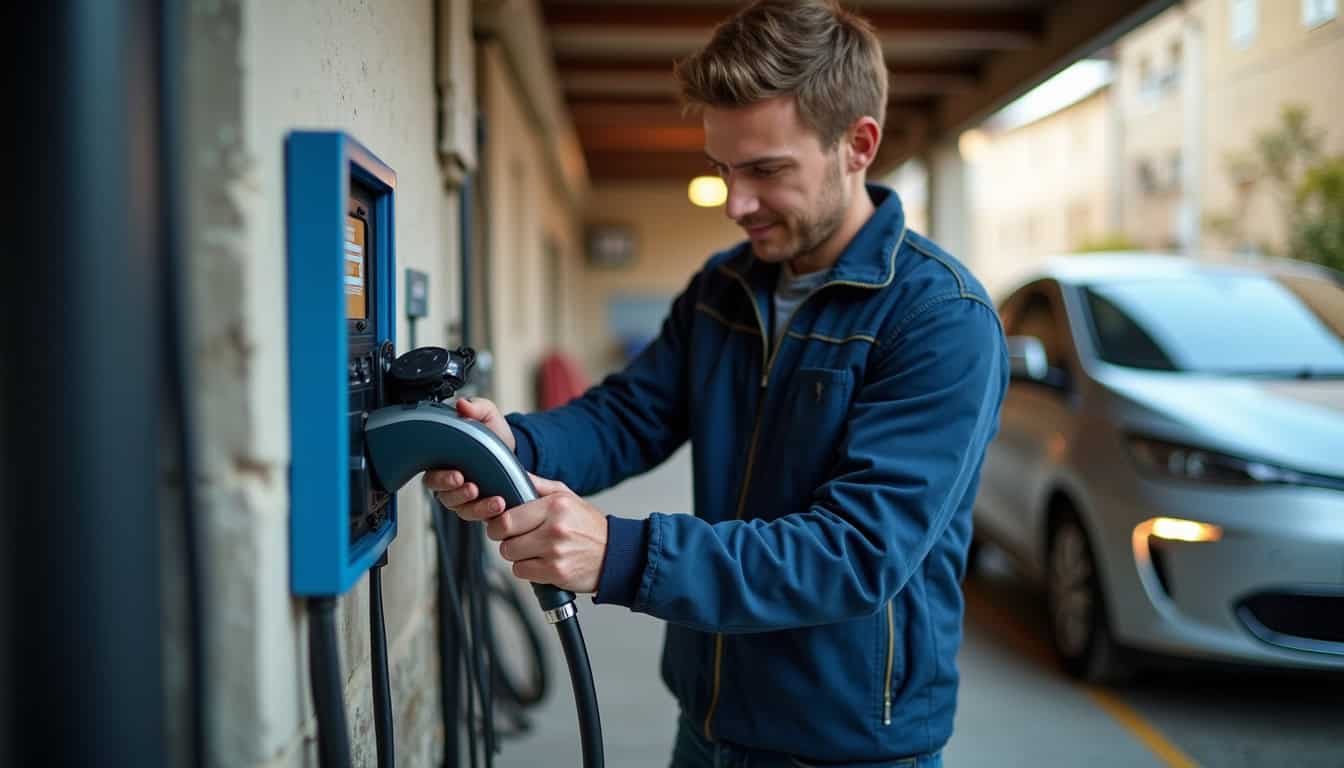 Technicien en train d'installer une borne de recharge électrique dans un garage à Beaune