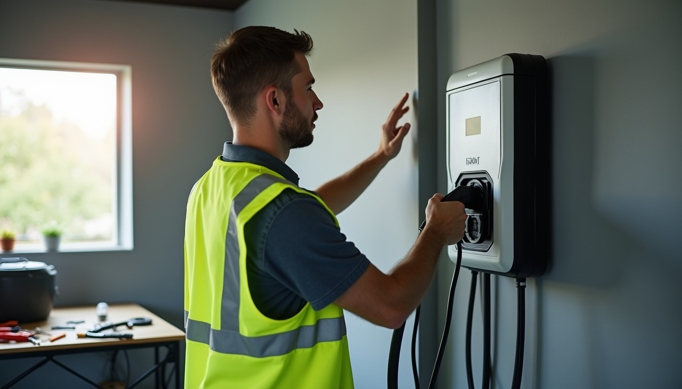 Technicien en train d'installer une borne de recharge électrique dans un garage à Bouquetot