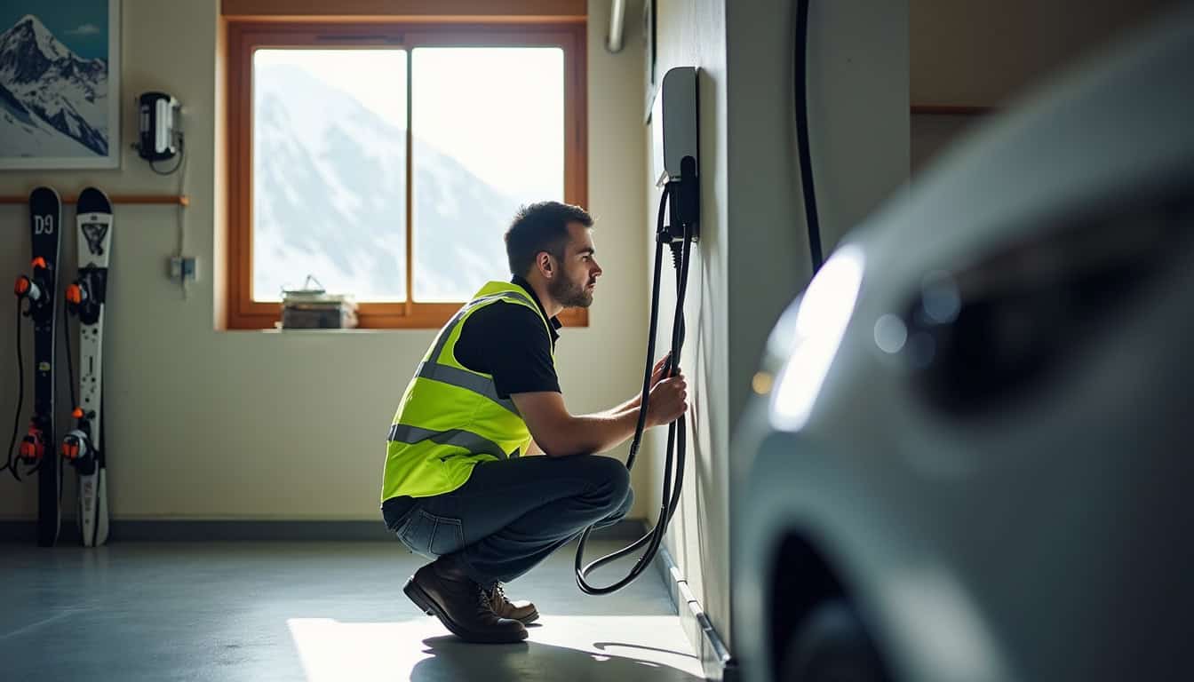 Technicien en train d’installer une borne de recharge électrique dans un garage à Chamonix-Mont-Blanc