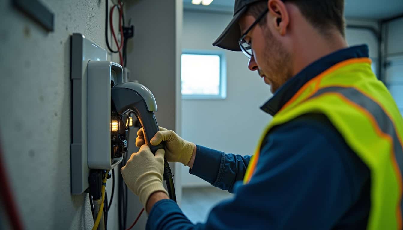 Technicien en train d’installer une borne de recharge électrique dans un garage à Coupvray