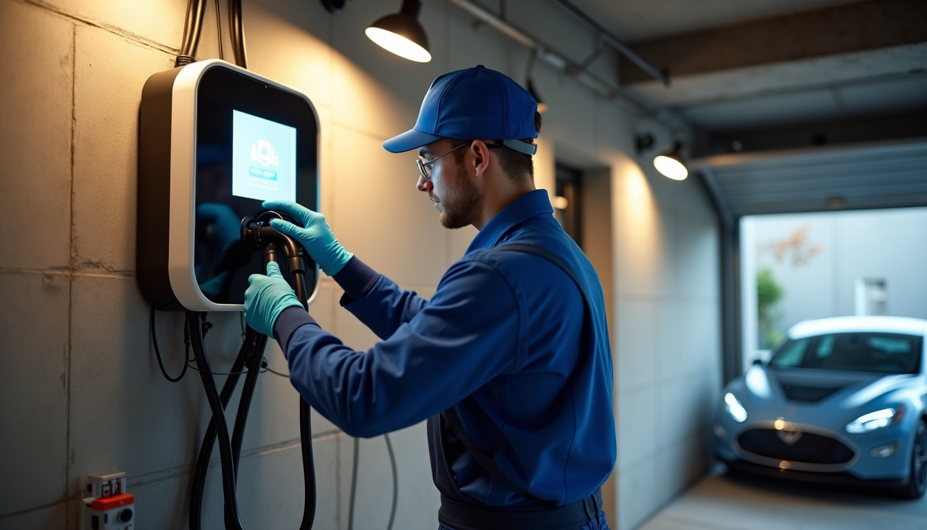 Technicien en train d'installer une borne de recharge électrique dans un garage à Drancy