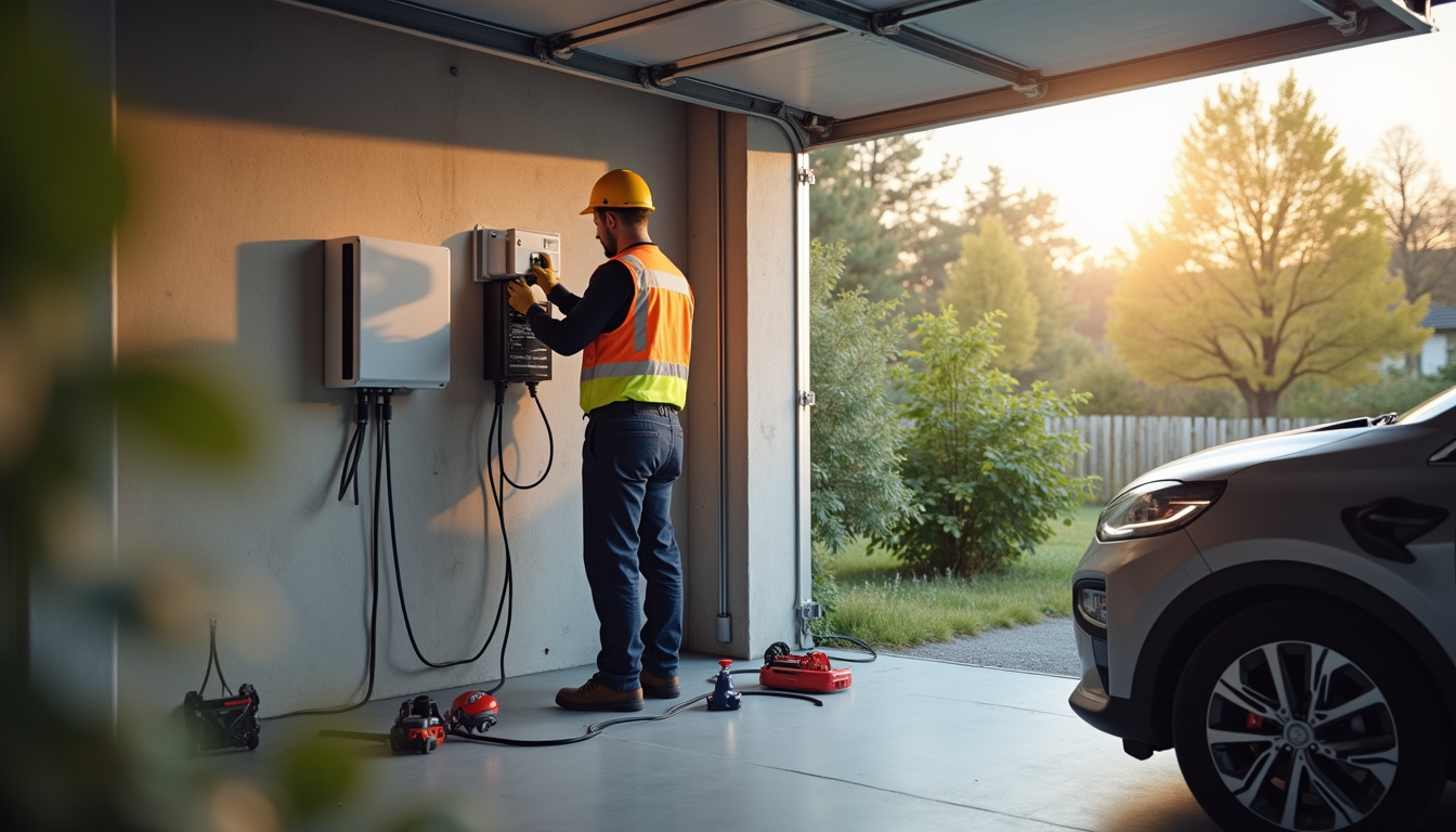 Technicien en train d'installer une borne de recharge électrique dans un garage à Égriselles-le-Bocage