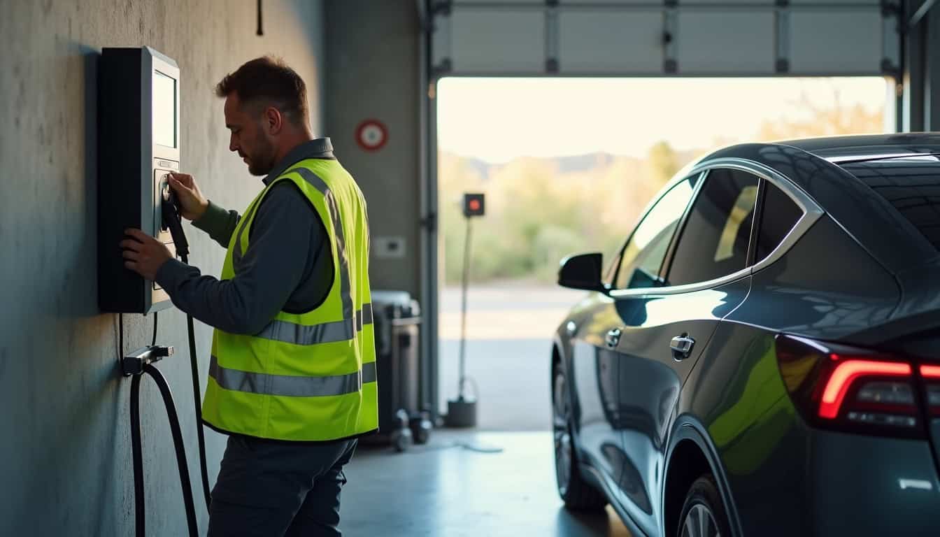 Technicien en train d'installer une borne de recharge électrique dans un garage à Garidech