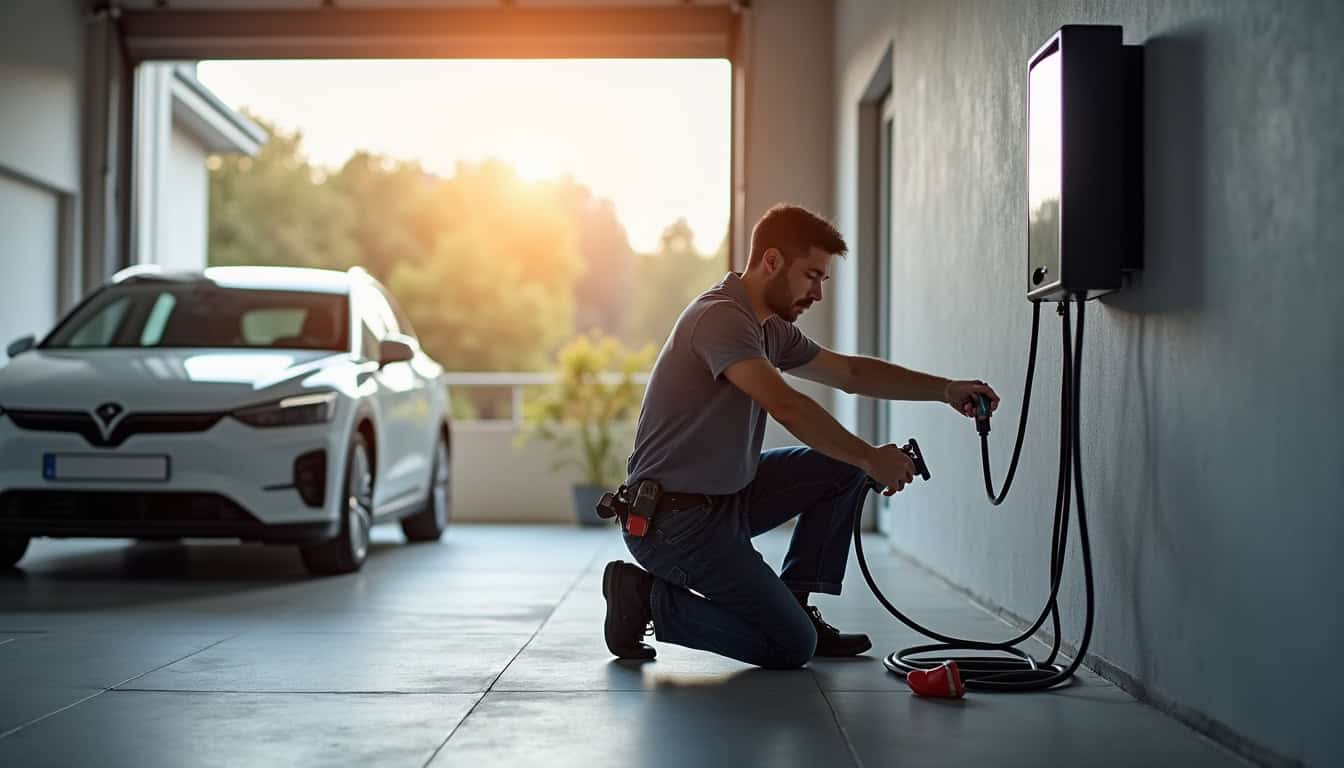 Technicien en train d'installer une borne de recharge électrique dans un garage à La Vraie-Croix