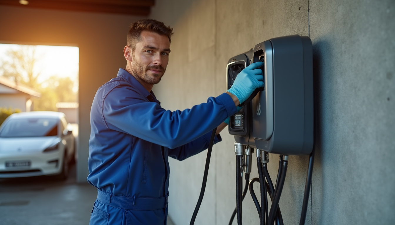 Technicien en train d'installer une borne de recharge électrique dans un garage à Langoiran