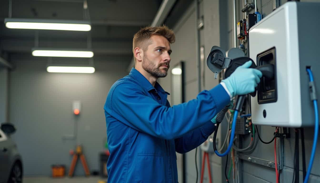Technicien en train d'installer une borne de recharge électrique dans un garage à Lozinghem, avec câblage et tableau électrique visible