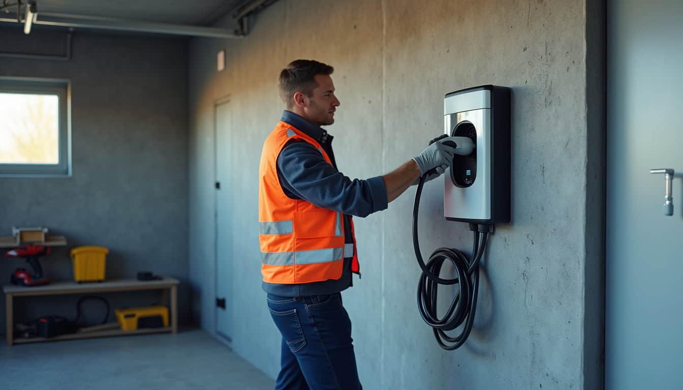 Technicien en train d'installer une borne de recharge électrique dans un garage à Orly