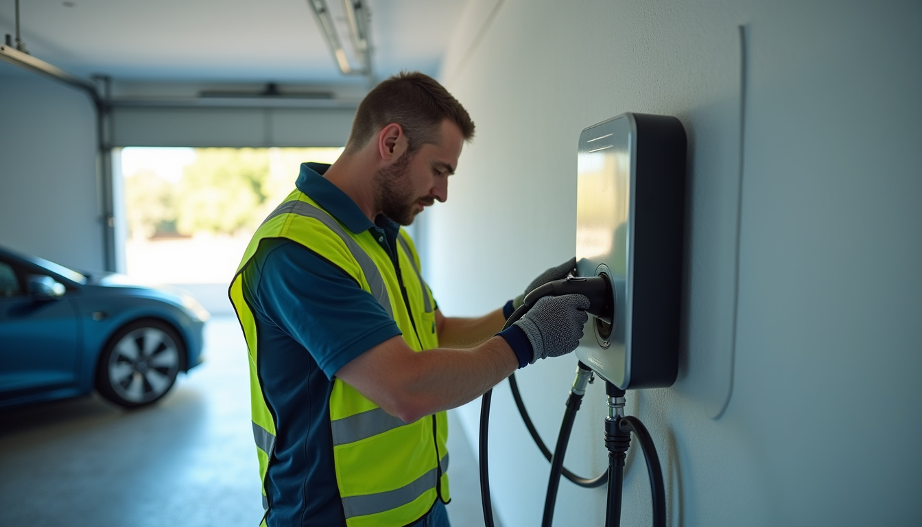Technicien en train d’installer une borne de recharge électrique dans un garage à Perpignan