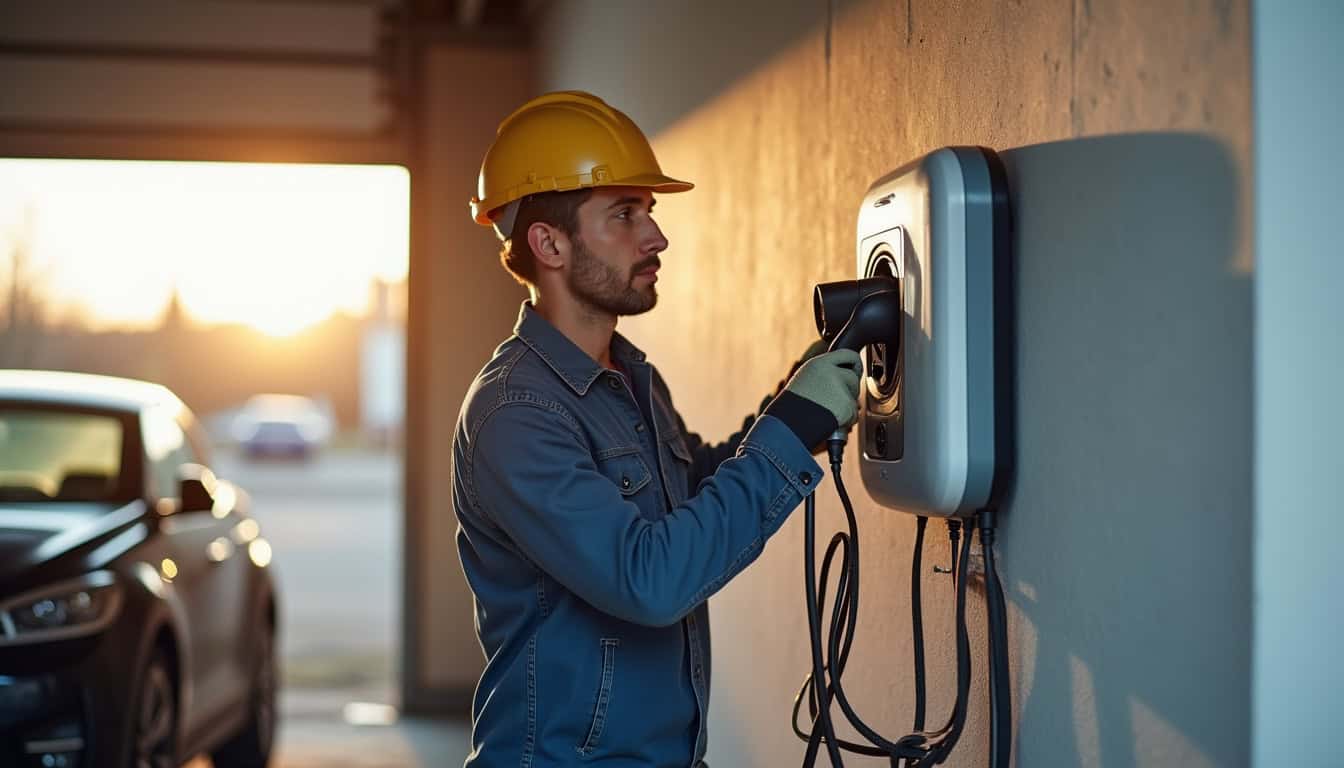 Technicien en train d'installer une borne de recharge électrique dans un garage à Pompertuzat